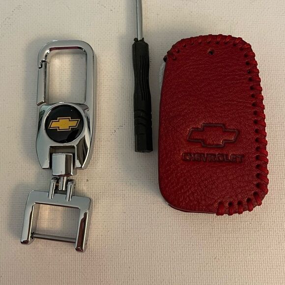 Chevrolet Key Fob Keychain in silver  & Fob Case Cover in Red Leather NWT - Picture 4 of 7